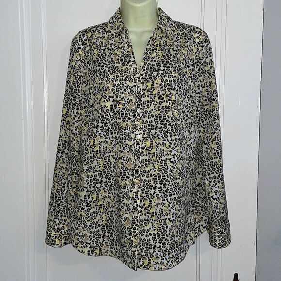 Talbots leopard print thin polyester button down long sleeved shirt - Picture 1 of 10